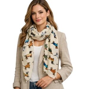 NWT Beige Dachshund Puppy Print Scarf Lightweight Novelty Dog Lover Gift
V